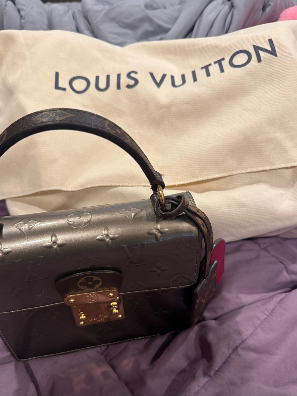 Louis Vuitton Bronze Monogram Vernis Box Satchel with Pink Charm